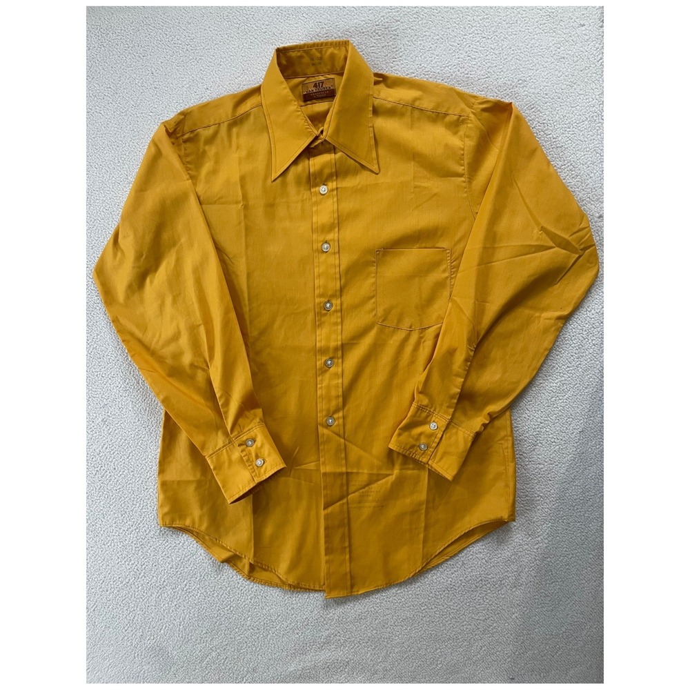 70s Van Heusen 417 16-33 Dagger Collar Shirt Mustard Yellow V-Taper Button Up